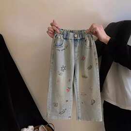 现货女童春夏款刺绣牛仔裤韩版女宝时髦绣花宽松直筒休闲裤小女孩