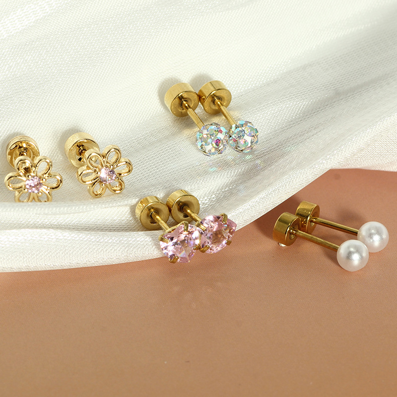 Stainless Steel Flower Screw Disc Earrings Zircon Ear Bone Nails Creative Fashion Body Piercing Jewelry detail image 8