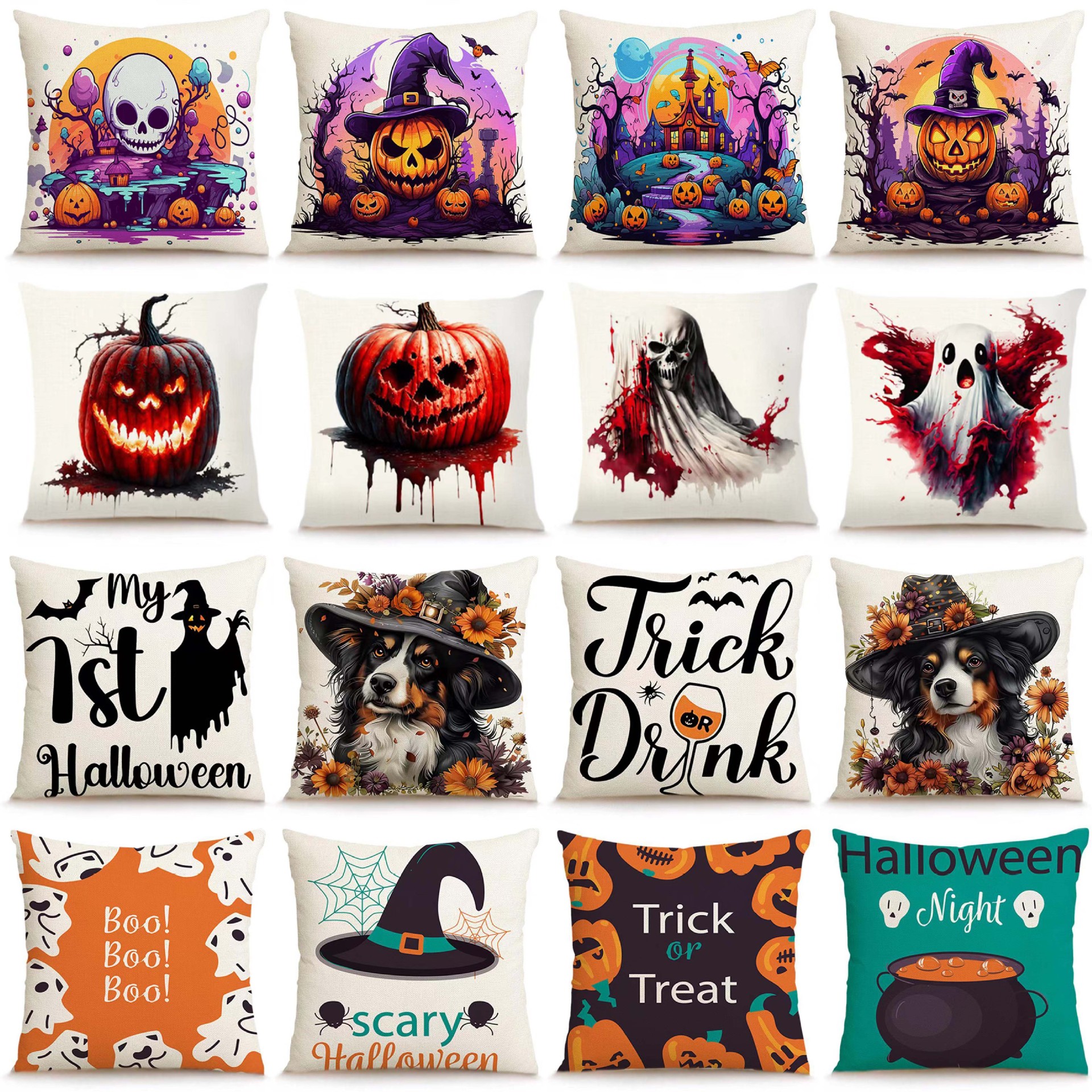 Transfronterizo Amazon Halloween impresión lino almohada cubierta bruja calabaza decoración doméstica almohada cubierta