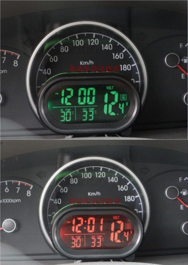 Car clock, dual thermometer for interior and exterior, digital display electronic watch for vehicles, with night light, LED electronic clock