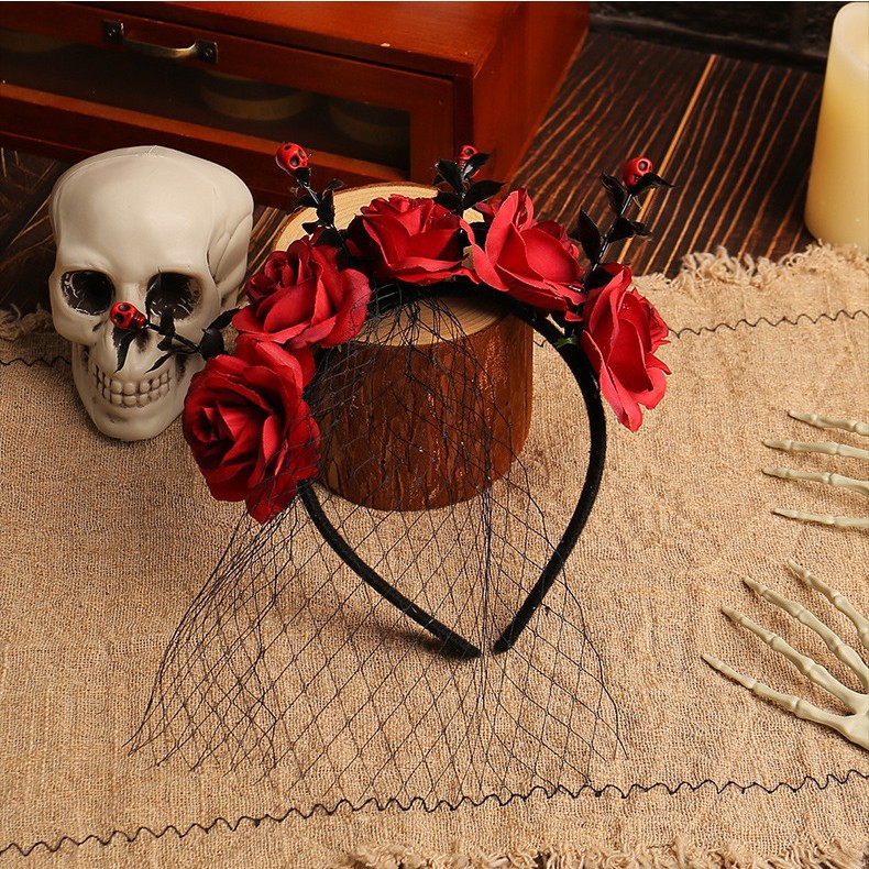 Halloween rosas mallas de hilo banda de cabello fiesta espectáculo de fantasmas botones de cabeza guirlandas oscuras banda de cabello adornamientos para el cabello al por mayor