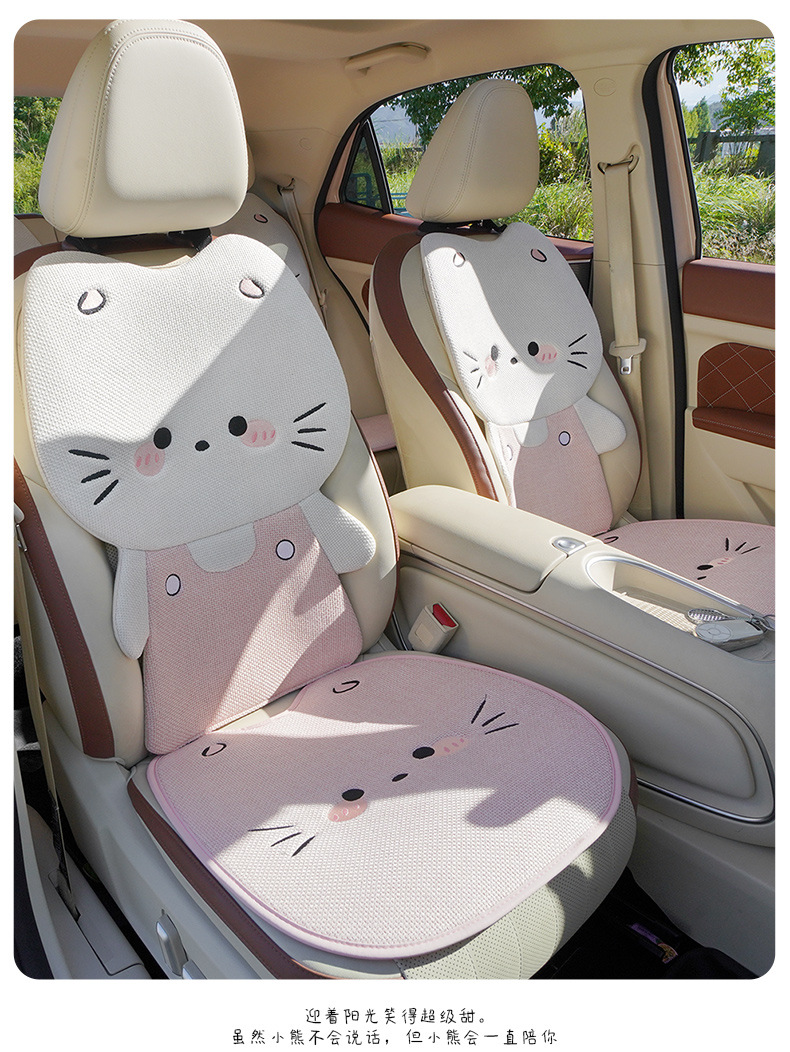 Linen Car Seat Cushion, Universal for All Seasons, Breathable Car Rear Seat Cushion, Stereo Cute Cat Cartoon, Cute Female Seat Cover