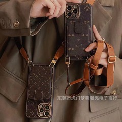 潮牌斜跨老花手機殼適用蘋果15promax皮質全包手機殼14pro/13/12