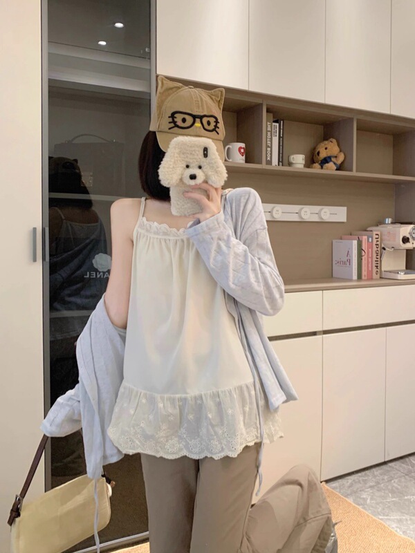 设计感小众蕾丝拼接无袖上衣女夏季新款别致宽松显瘦休闲吊带背心|undefined