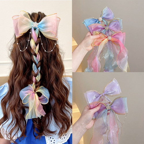 Children's bow braided hairpins for girls with hair tied little girls hairbands princess long streamer hairpins girls head flower hair accessories