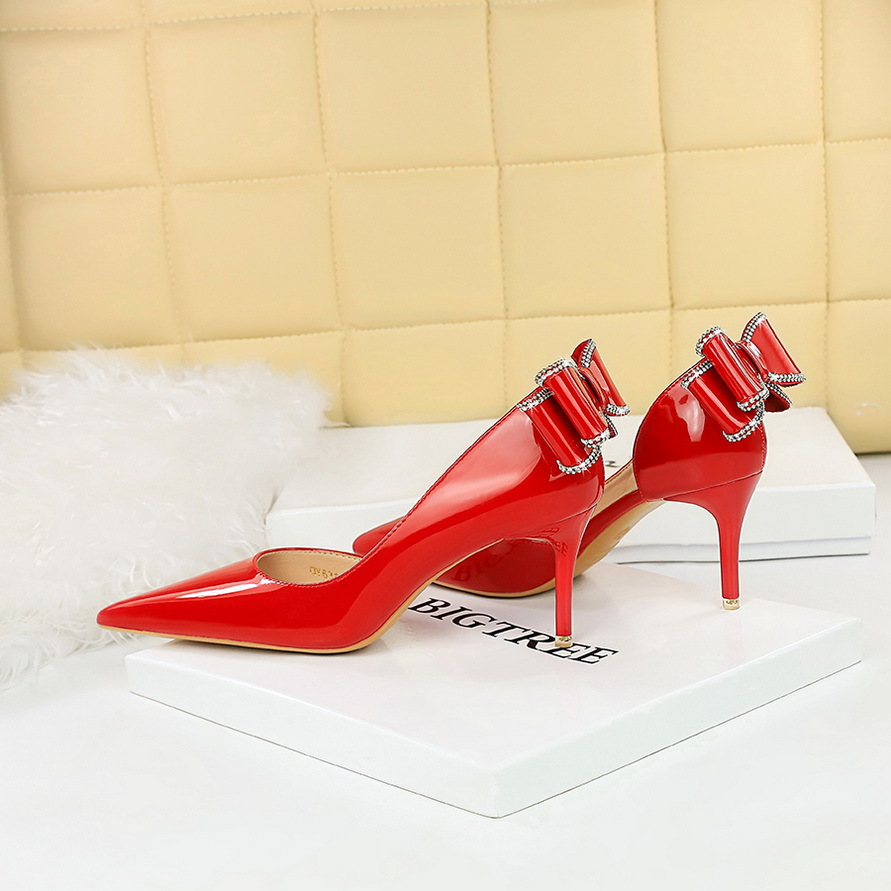 Women's Patent Leather Stiletto Pumps With Bowknot Pointed Toe_voghion.com