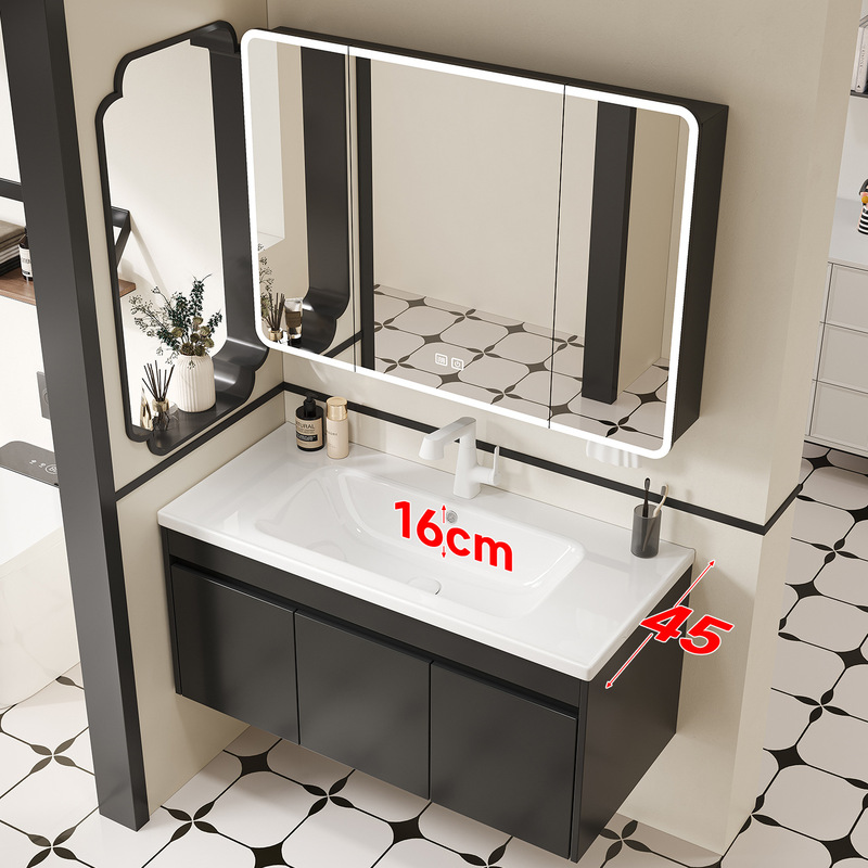 45/47 Wide 110/120cm Long Black All-Aluminum Honeycomb Bathroom Cabinet with Integrated Ceramic Basin Washbasin Set