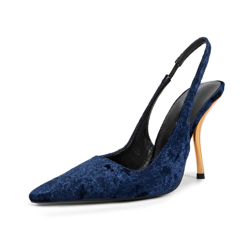 New European and American Sexy Pointed Shallow Mouth Metallic High Heel Fashion Sandals Banquet plus size Gold Velvet Women's Shoes