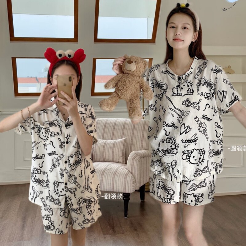 Kxm Graffiti Kitty Cat Tencel Cotton Summer Suit Women's Cute Cartoon Home Short-Sleeved Cardigan Home Clothes Suit