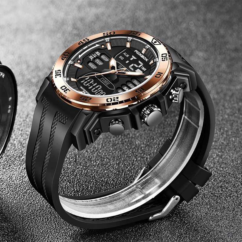 FB0021 cinta de los hombres de cuarzo electrónico de doble pantalla reloj luminoso multifuncional impermeable reloj despertador