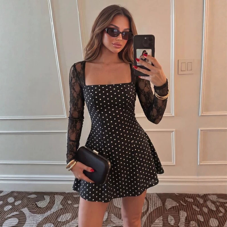 European and American style polka dot dress for women, featuring lace long sleeves, a fitted waist, an A-line silhouette, and a short skirt, perfect for a stylish date and creating a slimming effect European and American style polka dot dress for women, featuring lace long sleeves, a fitted waist, an A-line silhouette, and a short skirt, perfect for a stylish date and creating a slimming effect