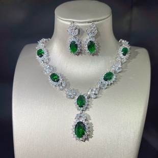 Authentic High-end Internet Celebrity Entry Luxury Niche New Arrival Simulation Green Grandmother Colored Diamond Full Diamond Earrings Women's Pendant Necklace suit