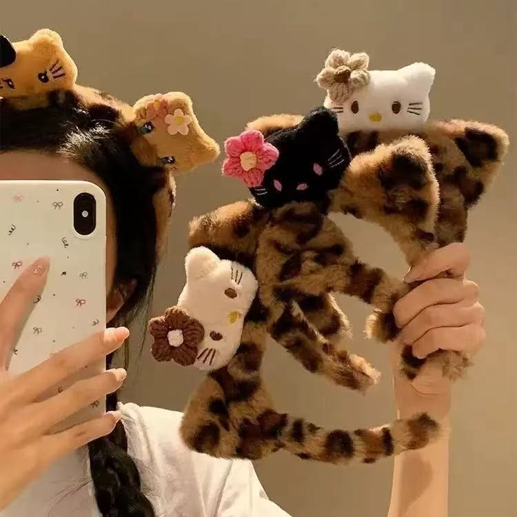 洗脸化妆毛绒头箍发箍卡通可爱猫咪KT小熊耳朵豹纹女卡通发饰摆摊|undefined