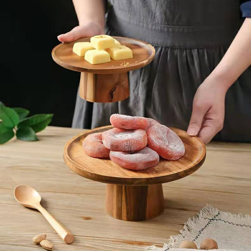 复古木质高脚托盘日式相思木托盘复古网红水果点心盘高脚蛋糕盘