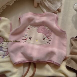 Big and Small Rolls 2025 New Autumn Kidsren's Vests for Boys and Girls, Cat Plush Cartoon Embroidered Vests, Warm Vests