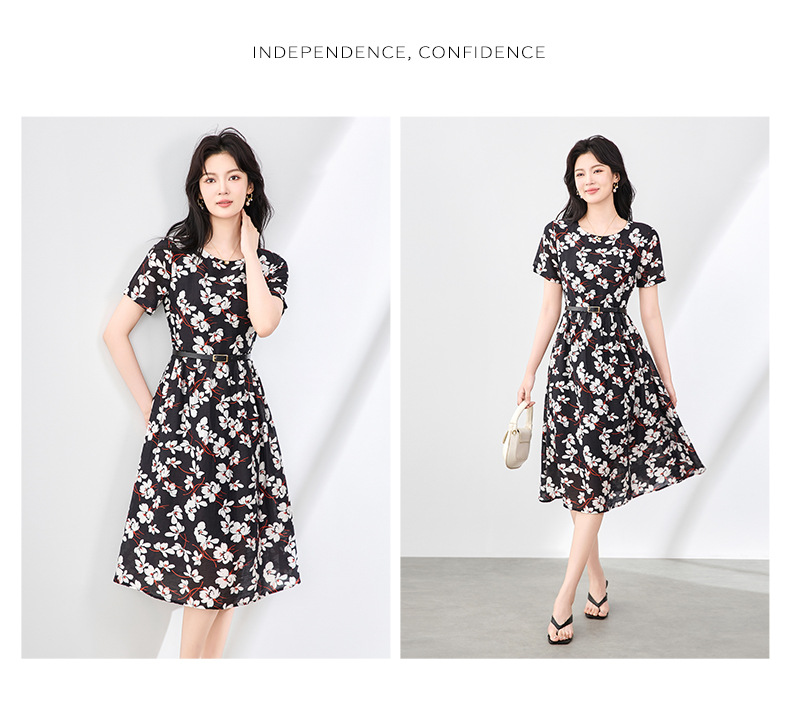 Váy maxi nữ tay ngắn thắt lưng chất liệu Tencel linen in họa tiết — Màu đen chi tiết 8