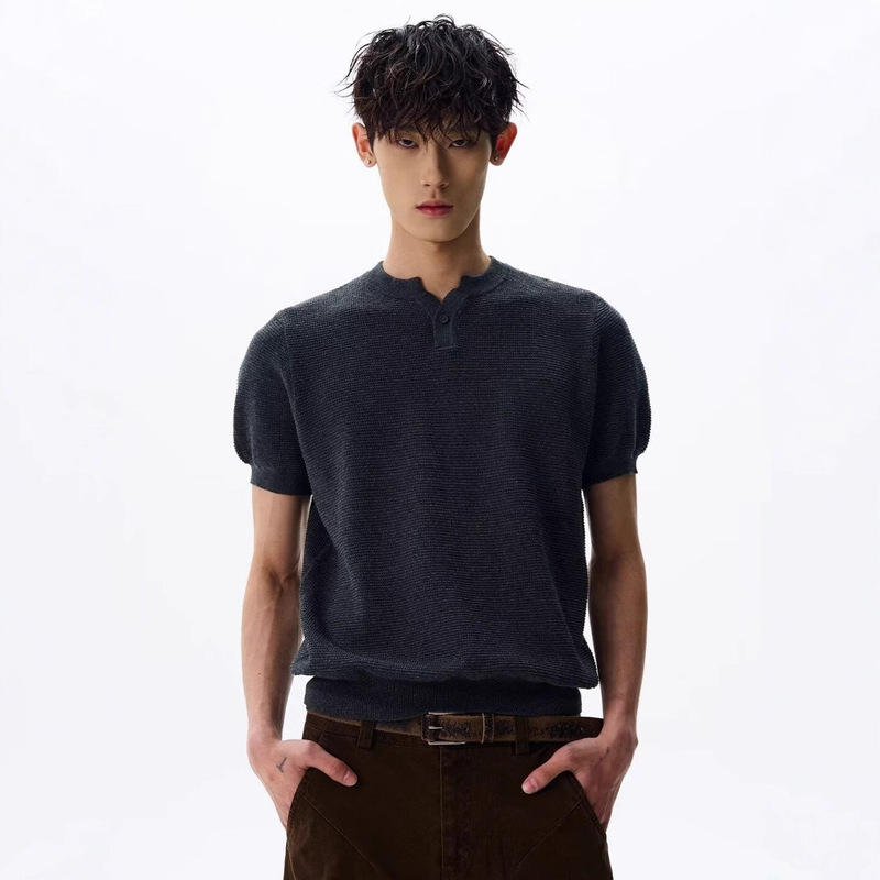 Black American Henley Collar Knitted Short-Sleeved Men's Summer Pure Color Old Money Style Polo Shirt Cleanfit Half-Sleeve