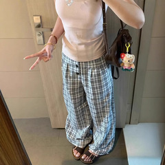 2025新款黑白格子休闲裤女夏季薄款宽松显瘦百搭直筒拖地长裤韩女