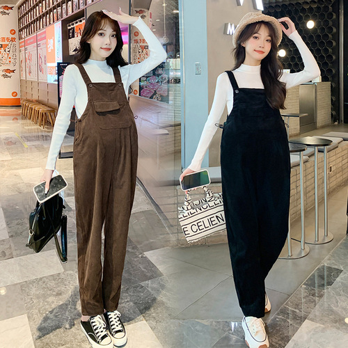 Pregnant women's adjustable belt pants spring and autumn petite corduroy adjustable belt pants with added thickness autumn and winter two-piece set stylish pregnant women's pants