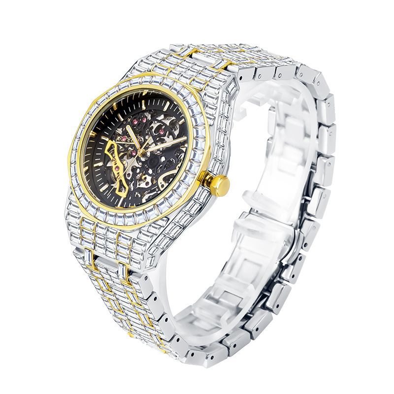 Silver Full Diamond High-End Men's Mechanical Watch with Square Diamonds, Luxurious and Dazzling, Skeleton Design, Cross-Border Watch, In-Stock, Luminous Quartz