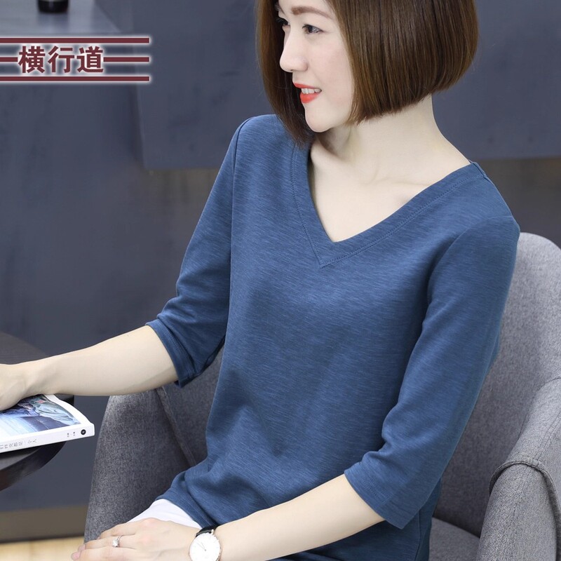 2025秋装新款纯棉竹节棉妈妈中袖t恤七分袖打底衫v领宽松女士上衣|undefined