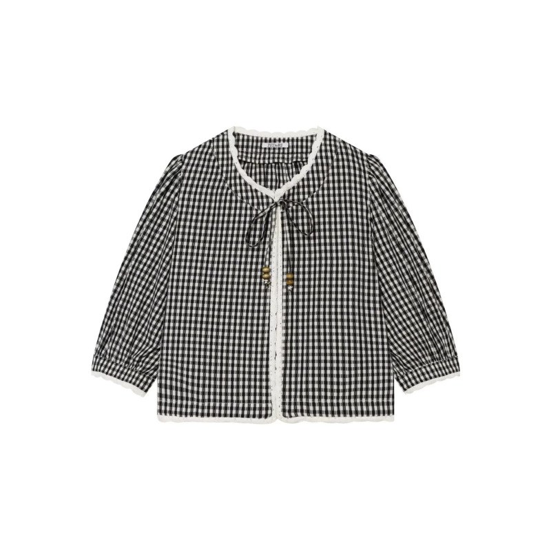 Pb&Za26 New Summer Women's Clothing Round Neck Elbow-Length Sleeves Crochet Patchwork Small Checkered Top