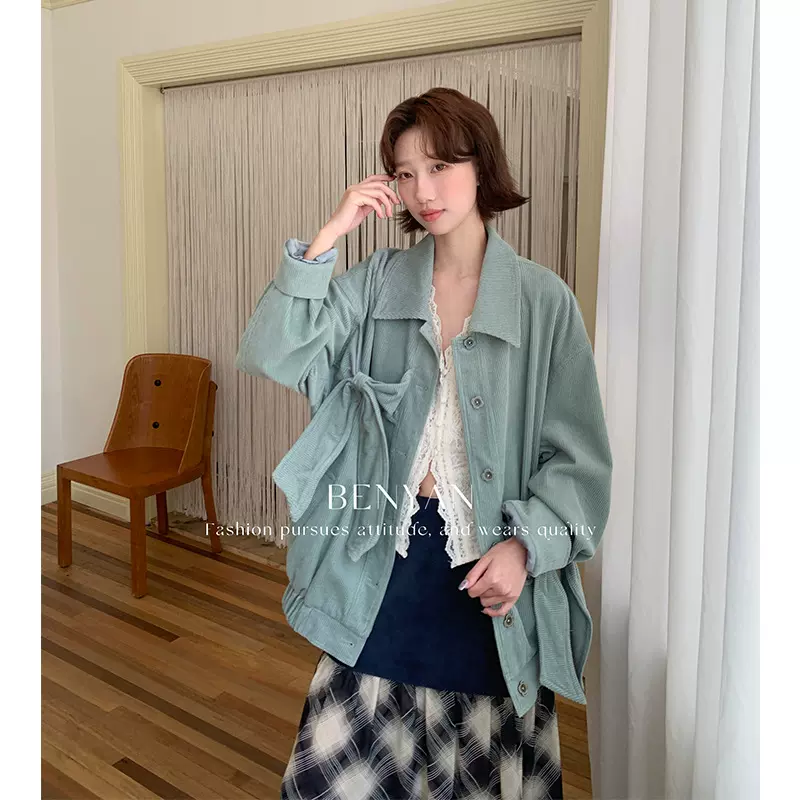 BENYAN本言 法式慵懒风宽松长袖灯芯绒外套女百搭蝴蝶结上衣82268