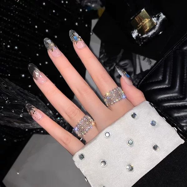 Cold Style High-grade Light Luxury Hollow-out Ring Women's Flash Diamond Personality Ring Korean Internet Celebrity Open Finger Ring ins Trendy