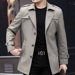 新款2025春春秋男士布风衣中长款中年爸爸装商务休闲西装领外套男