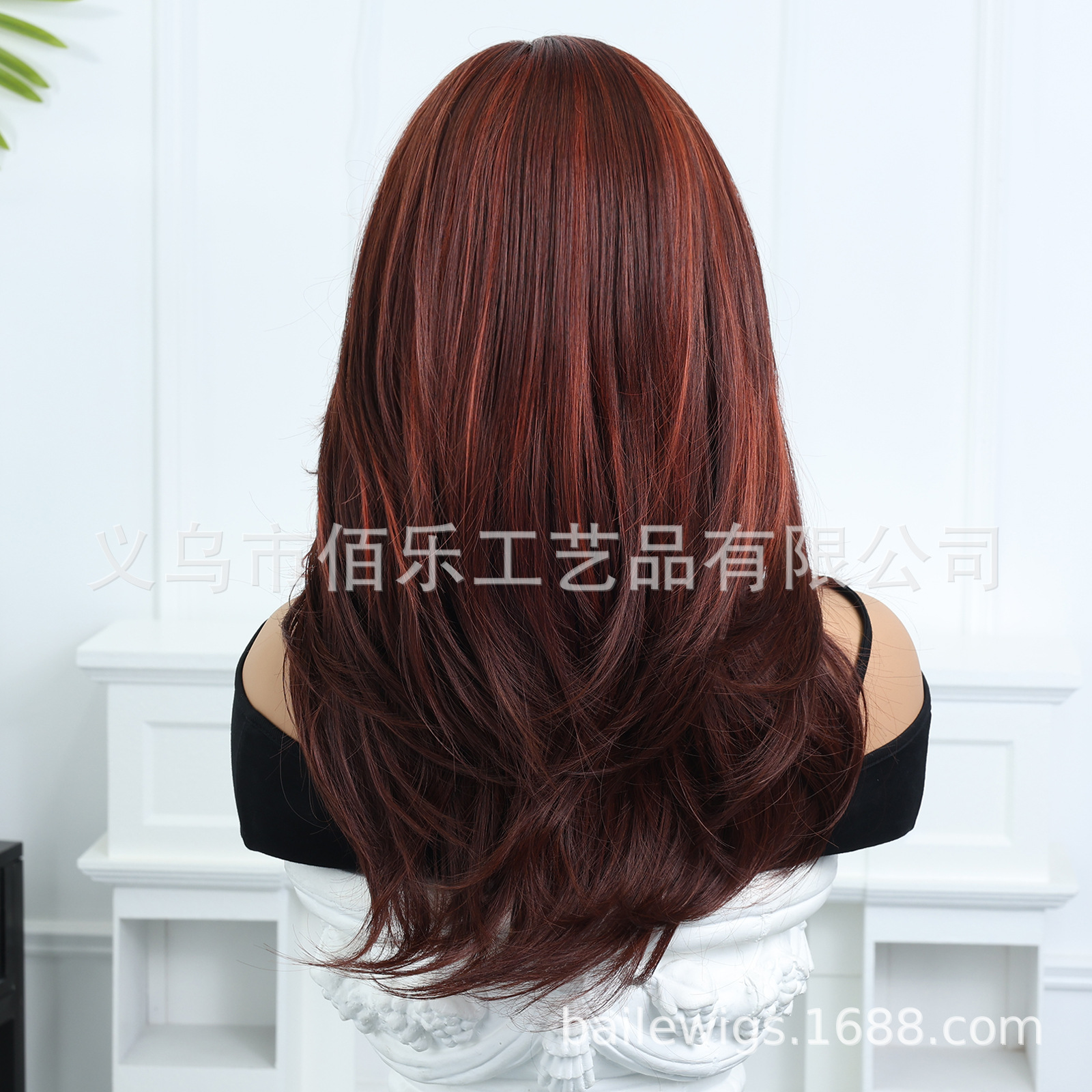 Peluca de color rojo oscuro dividida en longitud media, pelo largo, cubierta de cabeza completa, fibra química para mujer, stock europeo y americano al por mayor