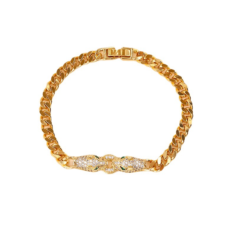 New personalized hip-hop double-headed full diamond leopard bracelet high color retention European and American style niche creative Cuban bracelet_voghion.com