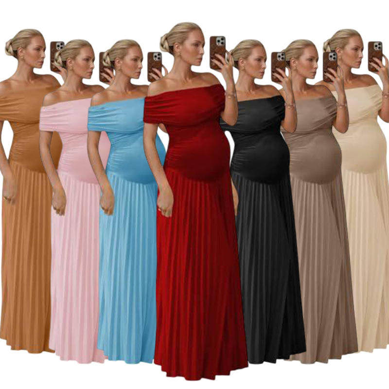 Off-the-shoulder maternity photography dress, stretchy pleated long style, European and American style maternity dress for photo shoots and banquets Off-the-shoulder maternity photography dress, stretchy pleated long style, European and American style maternity dress for photo shoots and banquets