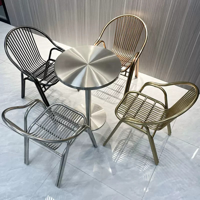 网红奶茶店咖啡餐桌厚边小圆桌简约工业风不锈钢餐椅靠背扶手商用