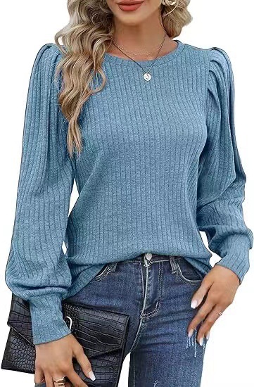 Camicia a maniche lunghe morbida a bolle da donna autunno 2024, top con scollo rotondo spazzolato a righe tinta unita e cintura in vita_voghion.com