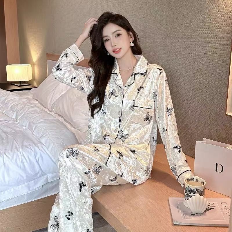 Al por mayor transfronterizo primavera y otoño invierno dorado terciopelo pijamas de mujer ropa de hogar fresca dulce pantalones de manga larga oro terciopelo