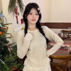 法式假两件蕾丝边拼接打底衫女秋冬内搭蝴蝶结修身别致甜美上衣潮