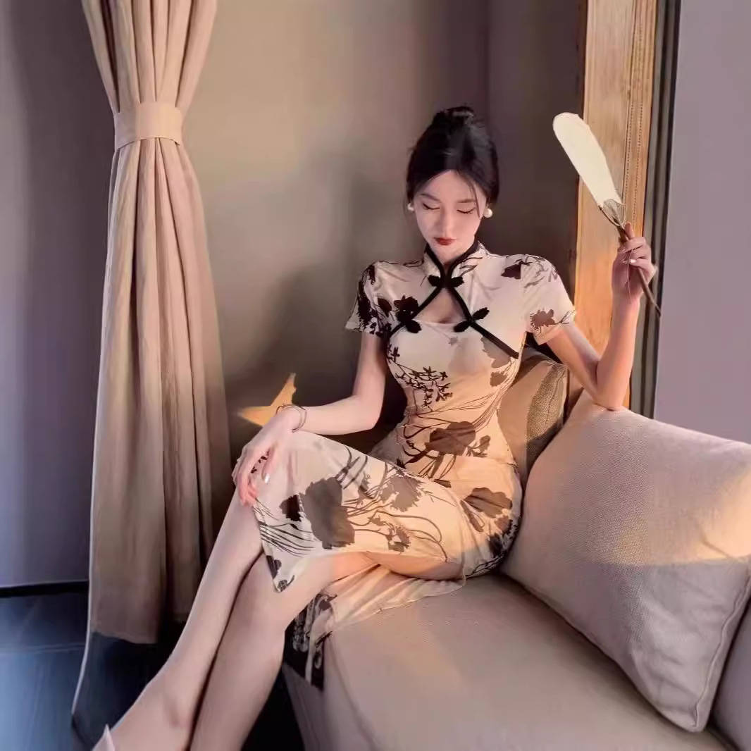 Fashion Simple Qipao Young Girls, High-end Retro Print, Waist-cinching Slimming Improved Chinese-style Dress For Women_ecoleips.com