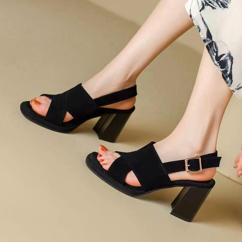 Sandal cao gót da cừu nữ mũi hở gót 7 cm đế dày chống thấm — Màu đen gót 7cm
