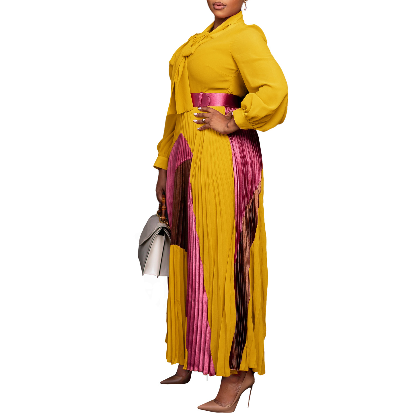 Women's Gender Wholesale Women's Elegant Belt Color Block Cocktail Party Shirt Collar Long Sleeve Sheath Dress