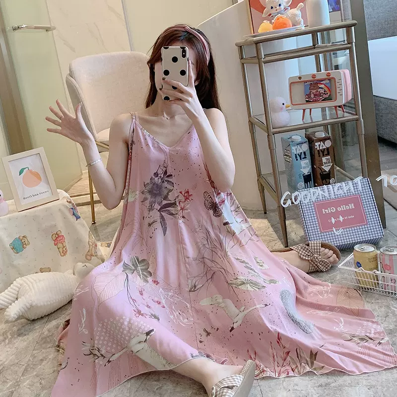 加工定制 网红睡裙女夏季薄款人造棉绸卡通印花吊带家居服