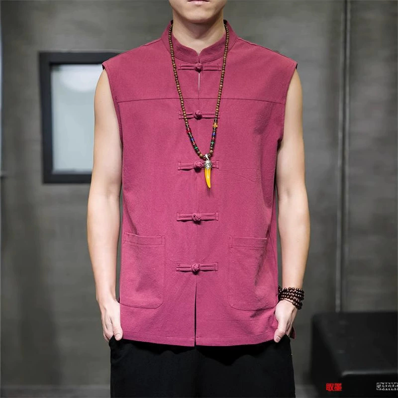 Летний тонкий льняной жилет без рукавов, мужской жилет на пуговицах из хлопка и льна в китайском стиле, ретро китайский костюм Тан, свободный жилет