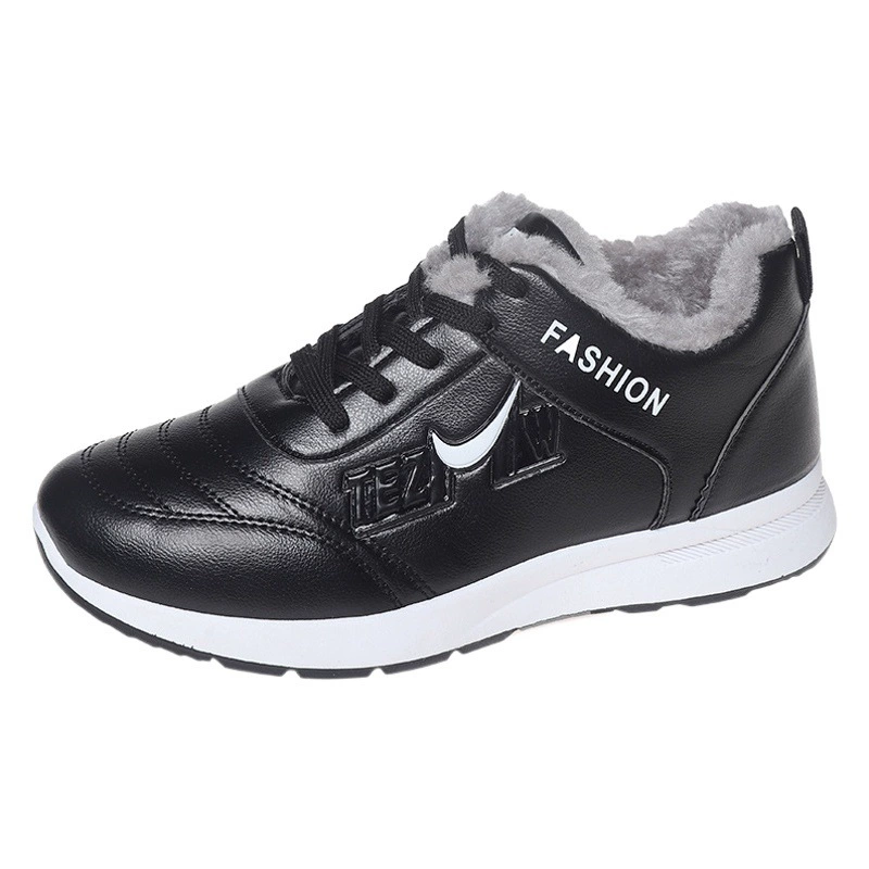 Большая хлопчатобумажная кожаная обувь на флисовой подкладке Спортивная женская обувь с круглым носком для мам среднего и пожилого возраста, компьютерная плетеная обувь на шнуровке спереди, нескользящая повседневная обувь