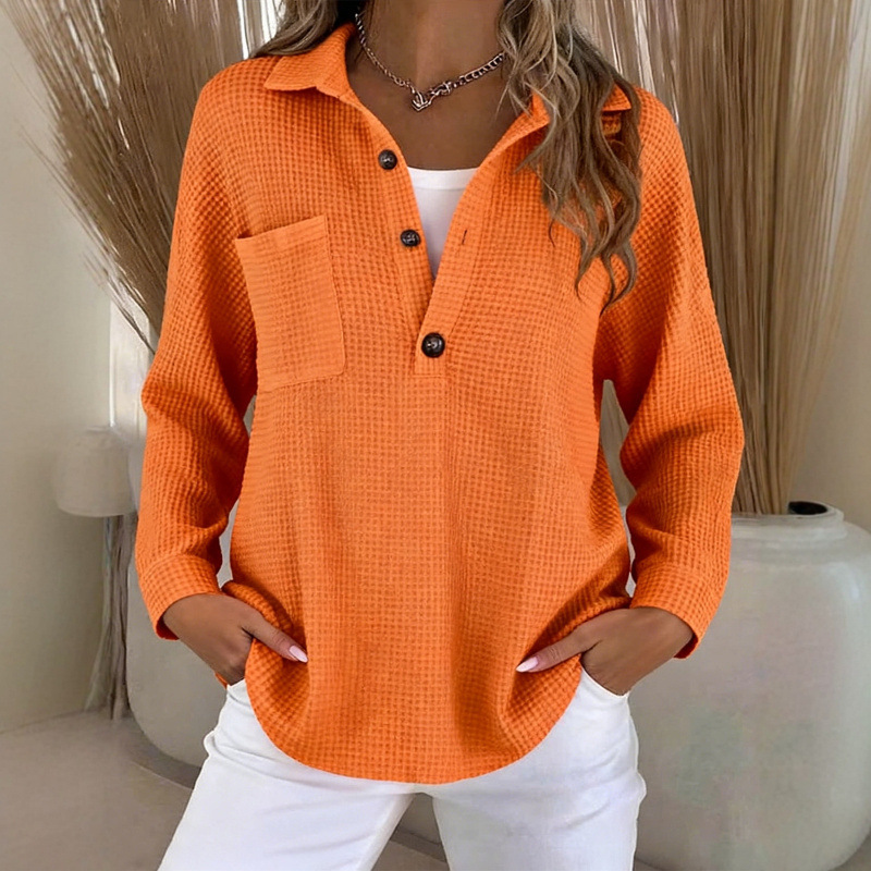 2026 Cross-Border European and American Amazon New Fashion V-Neck Button Waffle Solid Color Loose Pullover Long-Sleeve Top