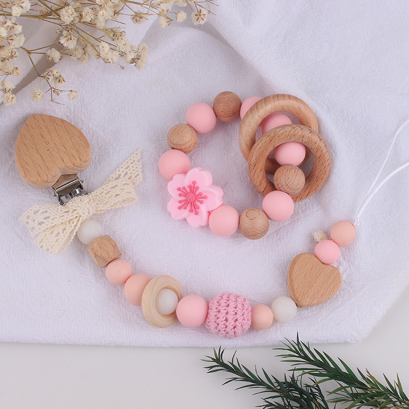 Temu Shein pulsera de mordedor de madera de haya para recién nacidos transfronterizos de grado alimenticio de silicona ecológica flor molar juguete