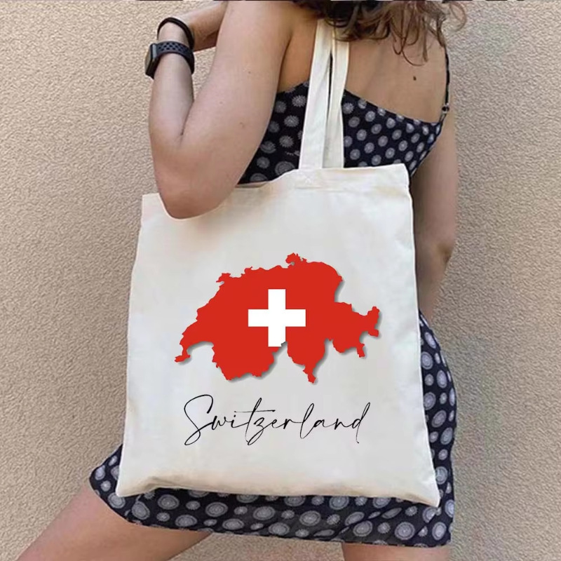 Swiss Girl Zurich Skyline Badge Qilong Castle Lucerne Canvas Bag Shopper Shopper Shoulder Handbag
