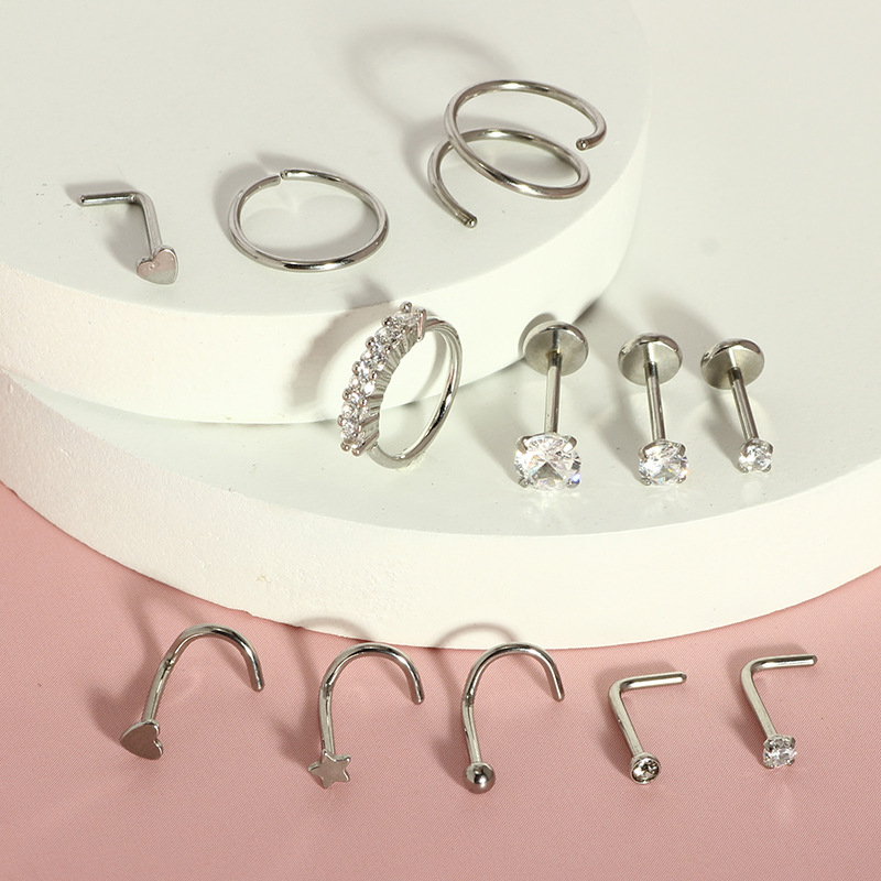 Stainless Steel 12-Piece Nose Stud Set Basic Nose Ring with Heart-Shaped Zircon Piercing Jewelry Best Seller detail image 7