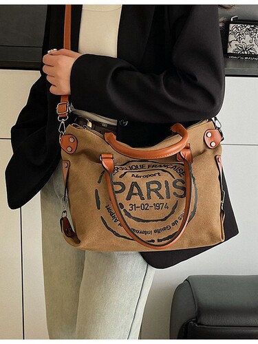 New all-matching women's bag, fashionable portable women's bag, trendy letters, tote commuter large-capacity single-shoulder diagonal canvas bag