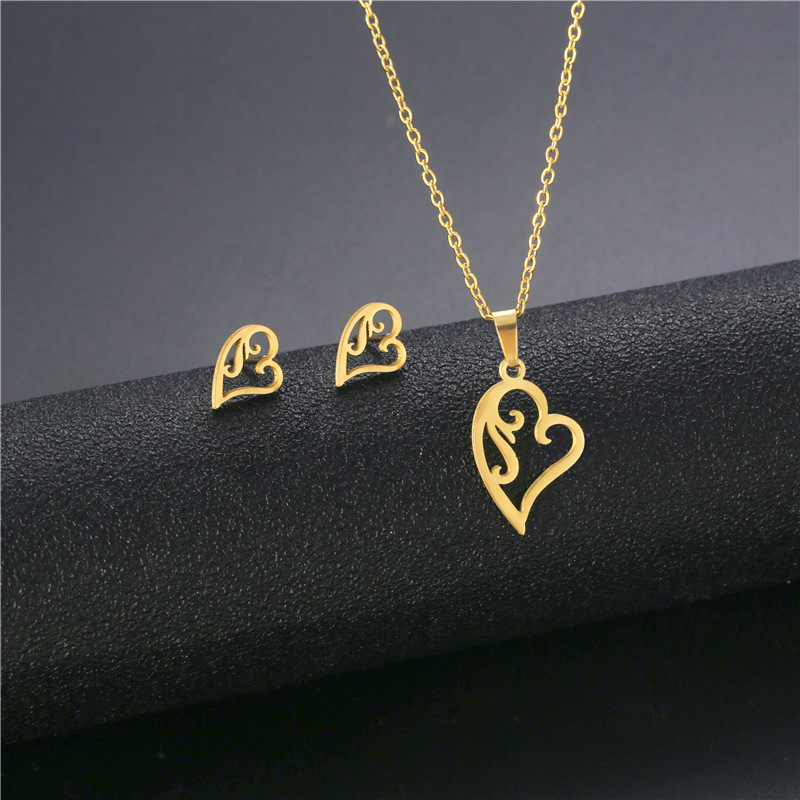 fashion hollow heart-shaped stainless steel necklace earrings set