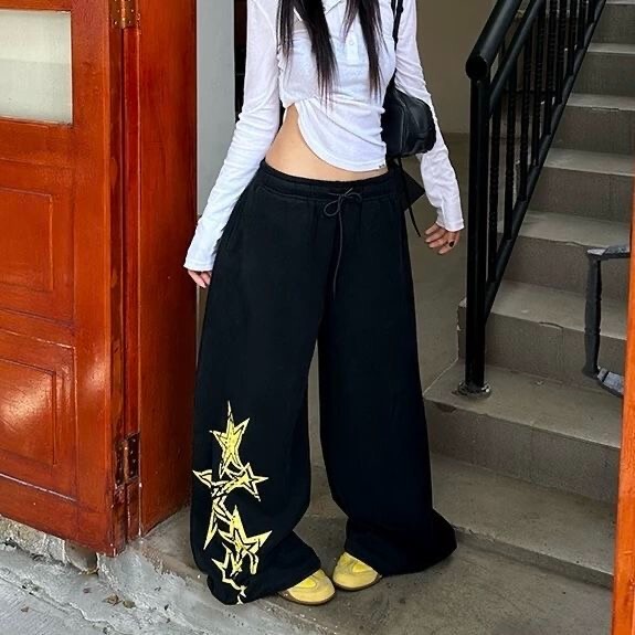 美式y2k慵懒风星星印花抽绳阔腿卫裤女休闲垂感百搭拖地长裤|undefined