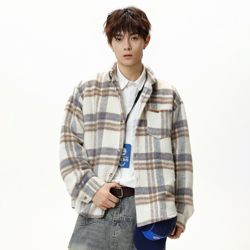 Contrast Color Plaid Texture Woolen Long-Sleeve Shirt, Autumn Style, Heavyweight Retro Silhouette, Thickened Trendy Brand Shirt Jacket
